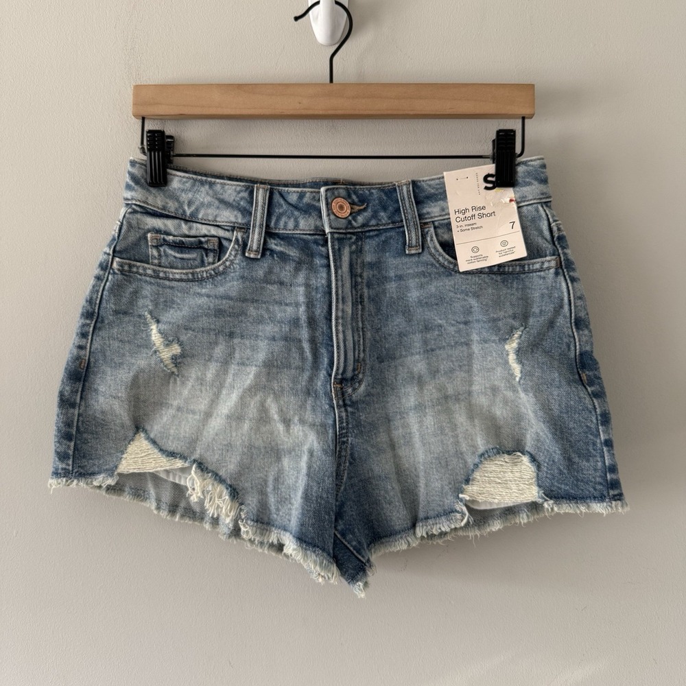 High Rise Cut Off Distressed Denim Shorts Sz 7 Festival Beach Boho Cutoffs